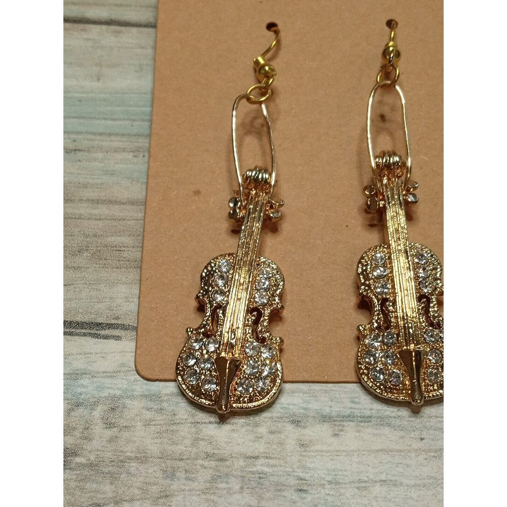 Miniature‎ Violin Fiddle Rhinestones EARRINGS Drop Dangle Gold Tone NWOT
